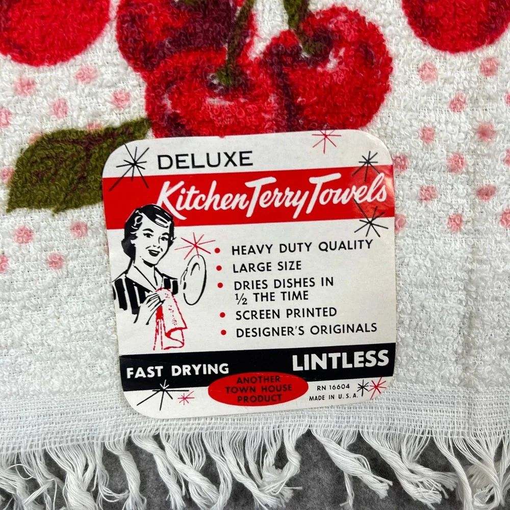 Vintage Town House Kitchen Terry Towel Cherry Polka Dot Fringed MCM 50s USA